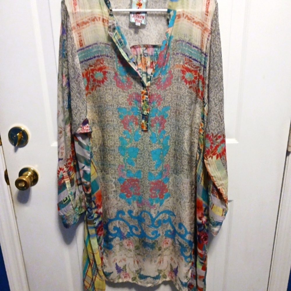 Johnny Was Tunic Multicolor PXL Sheer Bohemian Cupra Rayon